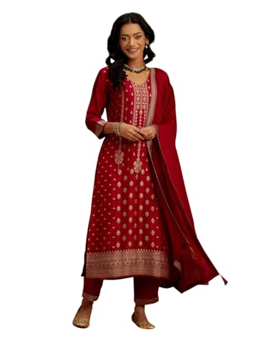Libas Womens Woven Design Silk Blend Straight Kurta With Trousers and Dupatta - Authentic Libas Clothing | UrbanThreads - Image 2