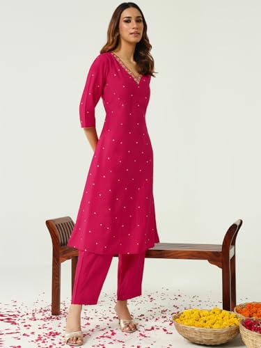 FIORRA Women's Pink Chanderi A-line Kurta with Pant and Dupatta - Authentic FIORRA Clothing | UrbanThreads - Image 5