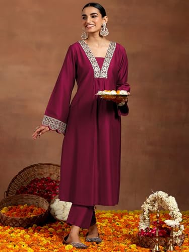 Libas Gerua Womens Yoke Design Silk Blend Straight Kurta With Trousers - Authentic Libas Clothing | UrbanThreads - Image 4