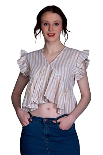 Leriya Fashion Women's Western Regular Fit Crop Tops | Fancy Stripped with Ruffle Sleeves | Button D - Authentic Leriya Clothing | UrbanThreads - Image 2