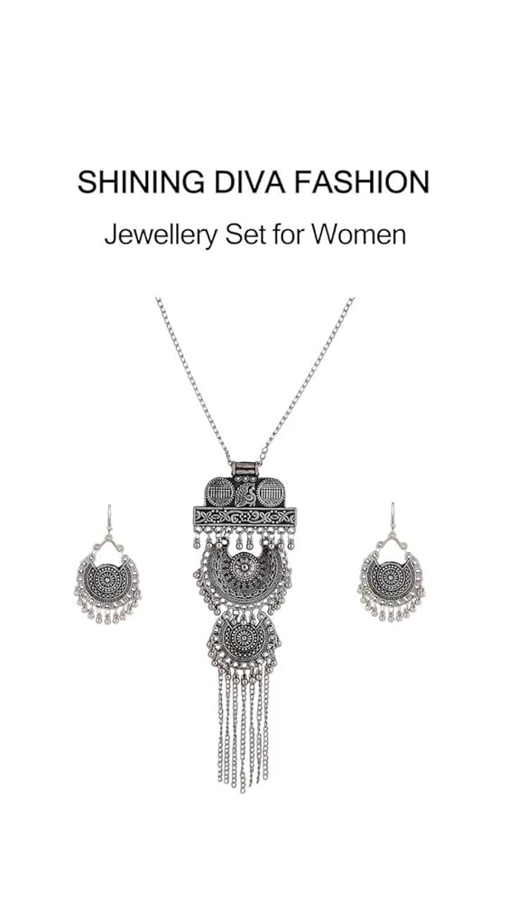Shining Diva Traditional Oxidised Silver Necklace Set for Women - Image 3