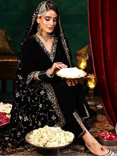 Libas Womens Embellished Velvet A-Line Kurta With Trousers and Dupatta - Authentic Libas Clothing | UrbanThreads - Image 3