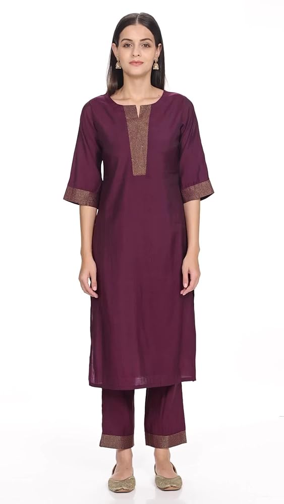 Libas Womens Solid Silk Blend Straight Kurta With Trousers - Authentic Libas Clothing | UrbanThreads - Image 3