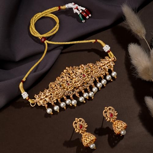 Shining Diva 22k Gold Plated Temple Necklace Set with Pearls - Image 3