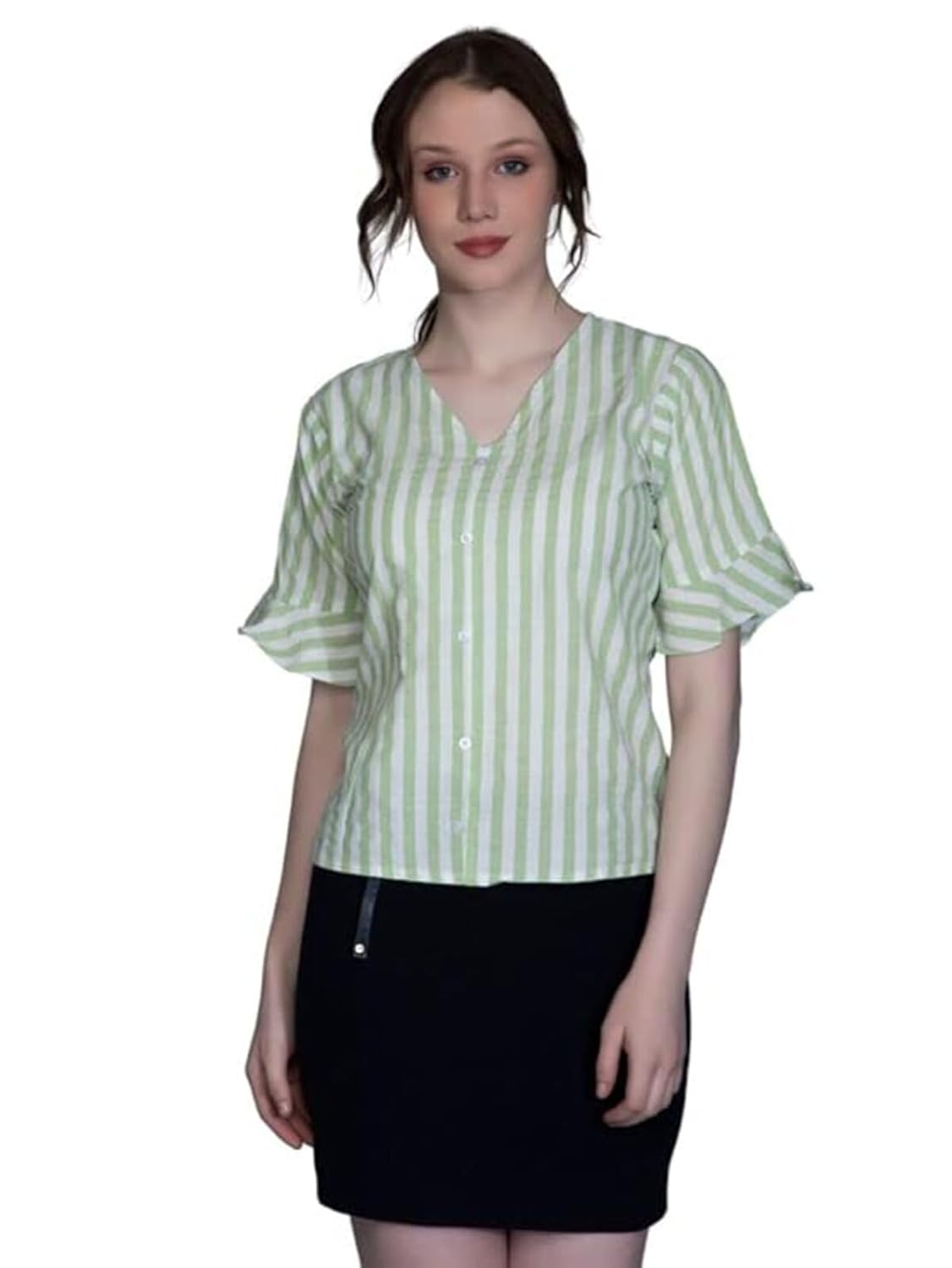 Leriya Fashion Women's Western Striped V-Neck Tops | Ruffle Sleeves | Comfortable Cotton Printed But - Authentic Leriya Clothing | UrbanThreads