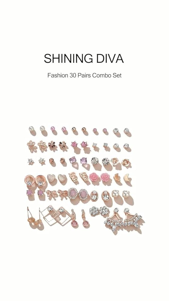 Shining Diva 30 Pairs 18k Rose Gold Earrings for Women and Girls - Image 3