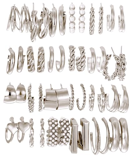 Shining Diva 24 Pairs Silver Plated Geometric Earrings - Image 2