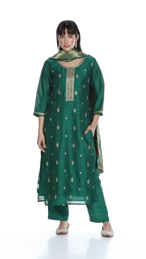 Libas Womens Embroidered Silk Blend Straight Kurta With Trousers and Dupatta - Authentic Libas Clothing | UrbanThreads - Image 3