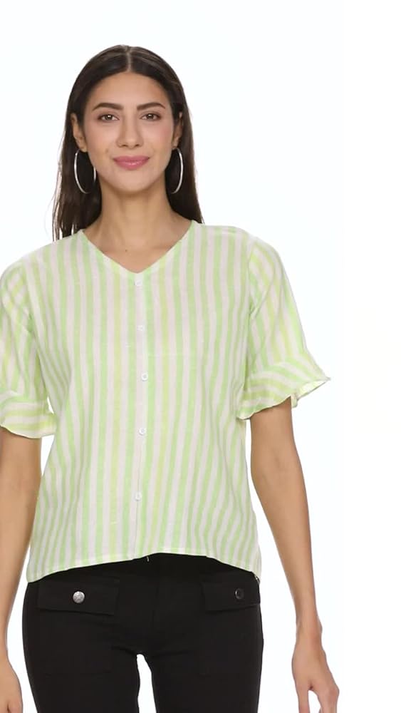 Leriya Fashion Women's Western Striped V-Neck Tops | Ruffle Sleeves | Comfortable Cotton Printed But - Authentic Leriya Clothing | UrbanThreads - Image 3