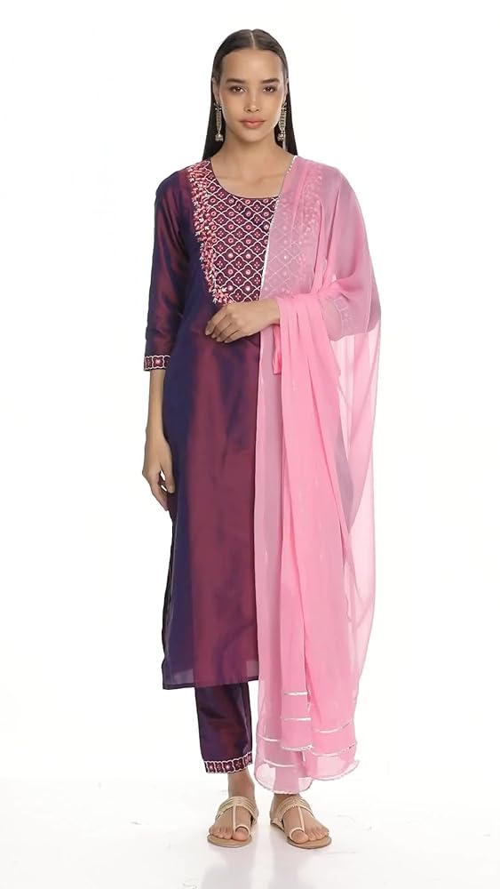 Libas Womens Embroidered Silk Blend Straight Kurta With Trousers and Dupatta - Authentic Libas Clothing | UrbanThreads - Image 3