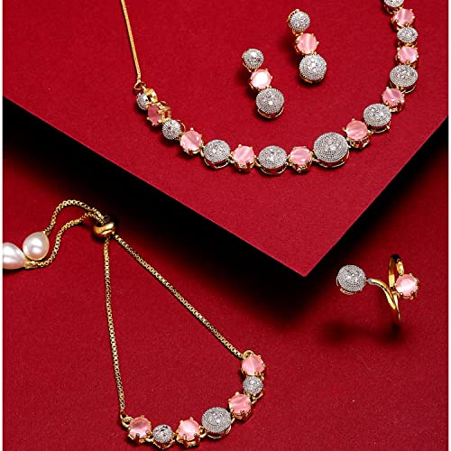 ZENEME Gold Plated Red & White American Diamond Necklace Set - Image 4