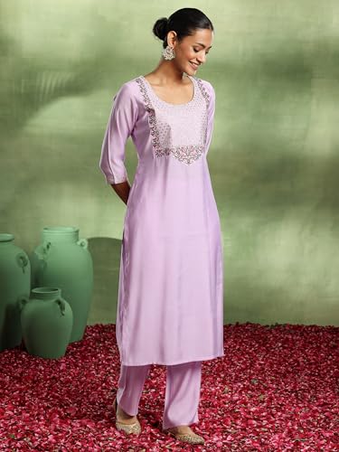 Libas Gerua Womens Yoke Design Silk Blend Straight Kurta With Trousers and Dupatta - Authentic Libas Clothing | UrbanThreads - Image 4