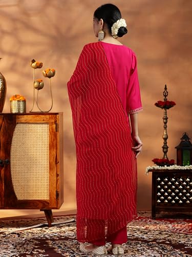 Libas Womens Embroidered Silk Blend Straight Kurta With Trousers and Dupatta - Authentic Libas Clothing | UrbanThreads - Image 4