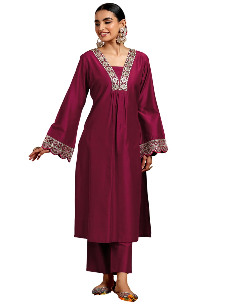 Libas Gerua Womens Yoke Design Silk Blend Straight Kurta With Trousers - Authentic Libas Clothing | UrbanThreads