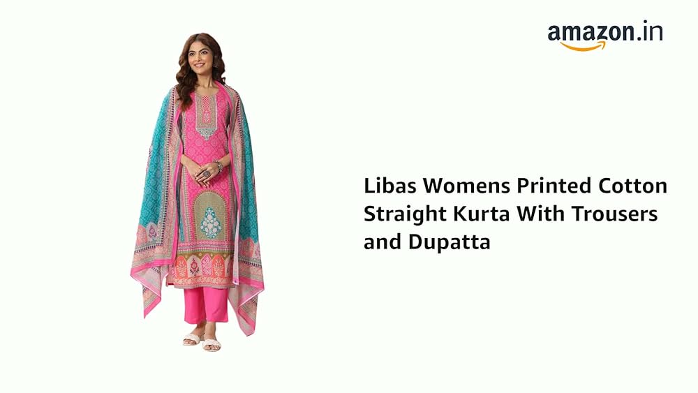 Libas Womens Printed Cotton Straight Kurta With Trousers and Dupatta - Authentic Libas Clothing | UrbanThreads - Image 3