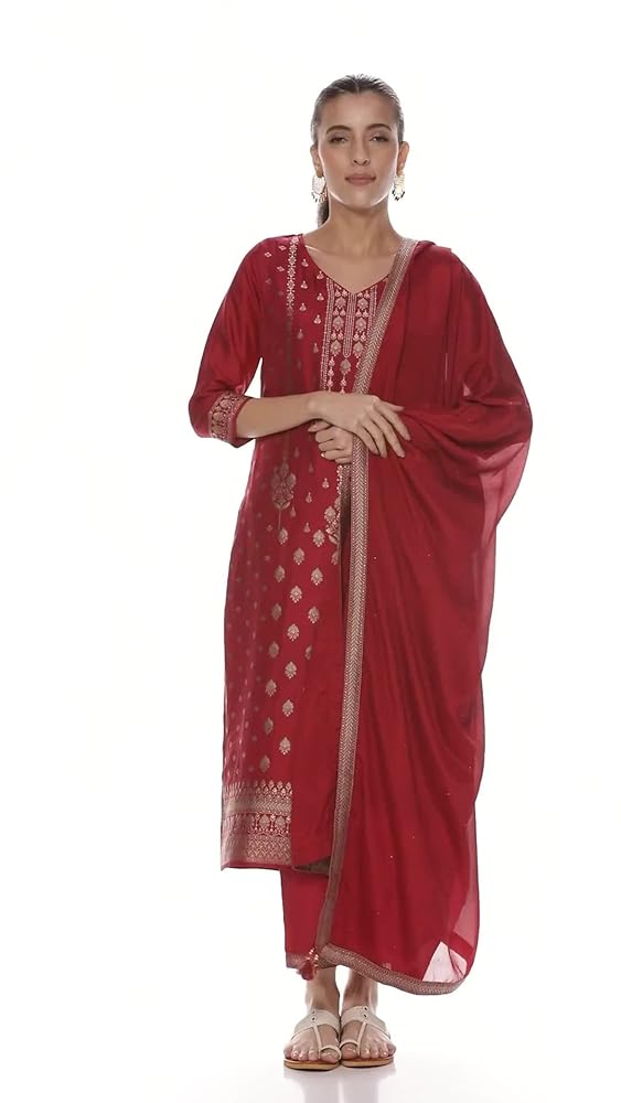 Libas Womens Woven Design Silk Blend Straight Kurta With Trousers and Dupatta - Authentic Libas Clothing | UrbanThreads - Image 3