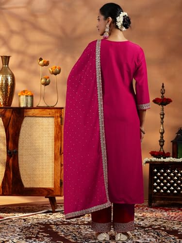 Libas Womens Yoke Design Silk Blend Straight Kurta With Trousers and Dupatta - Authentic Libas Clothing | UrbanThreads - Image 4