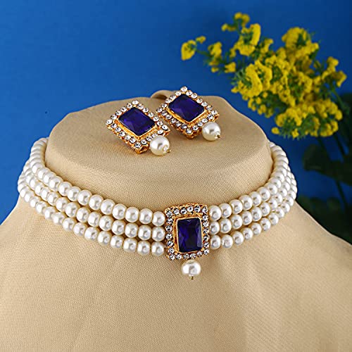 Shining Diva 18k Gold Plated Pearl Choker Necklace Set - Image 5