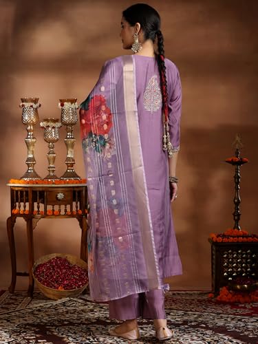 Mauve Embroidered Silk Kurta Set | Festive Indian Suit - UrbanThreads - Image 5