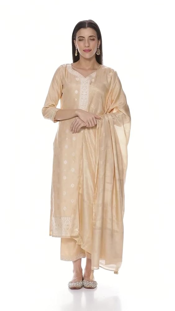Libas Beige Silk Blend Kurta Set | Elegant Indian Suit - UrbanThreads - Image 3