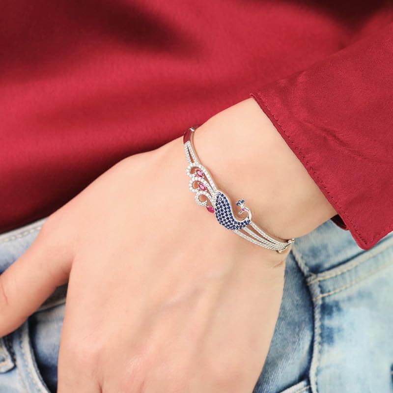 ZAVYA 925 Sterling Silver Cubic Zirconia Peacock Cuff Bracelet - Image 4