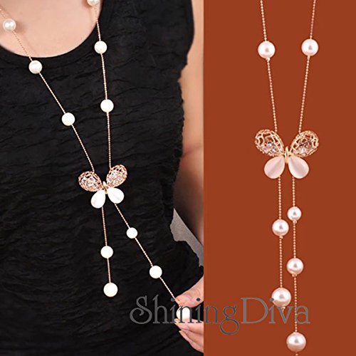 Shining Diva Long Chain Crystal Butterfly Pendant Necklace - Image 4