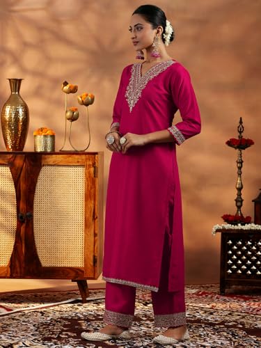 Libas Womens Yoke Design Silk Blend Straight Kurta With Trousers and Dupatta - Authentic Libas Clothing | UrbanThreads - Image 3