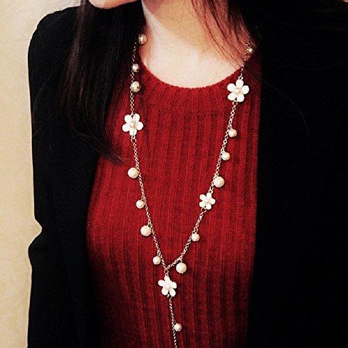 UrbanThreads Pearl & Floral Long Pendant Necklace - White & Gold - Image 4