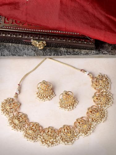 Sukkhi South Indian Temple Gold Plated White Beaded Necklace Set - Image 5