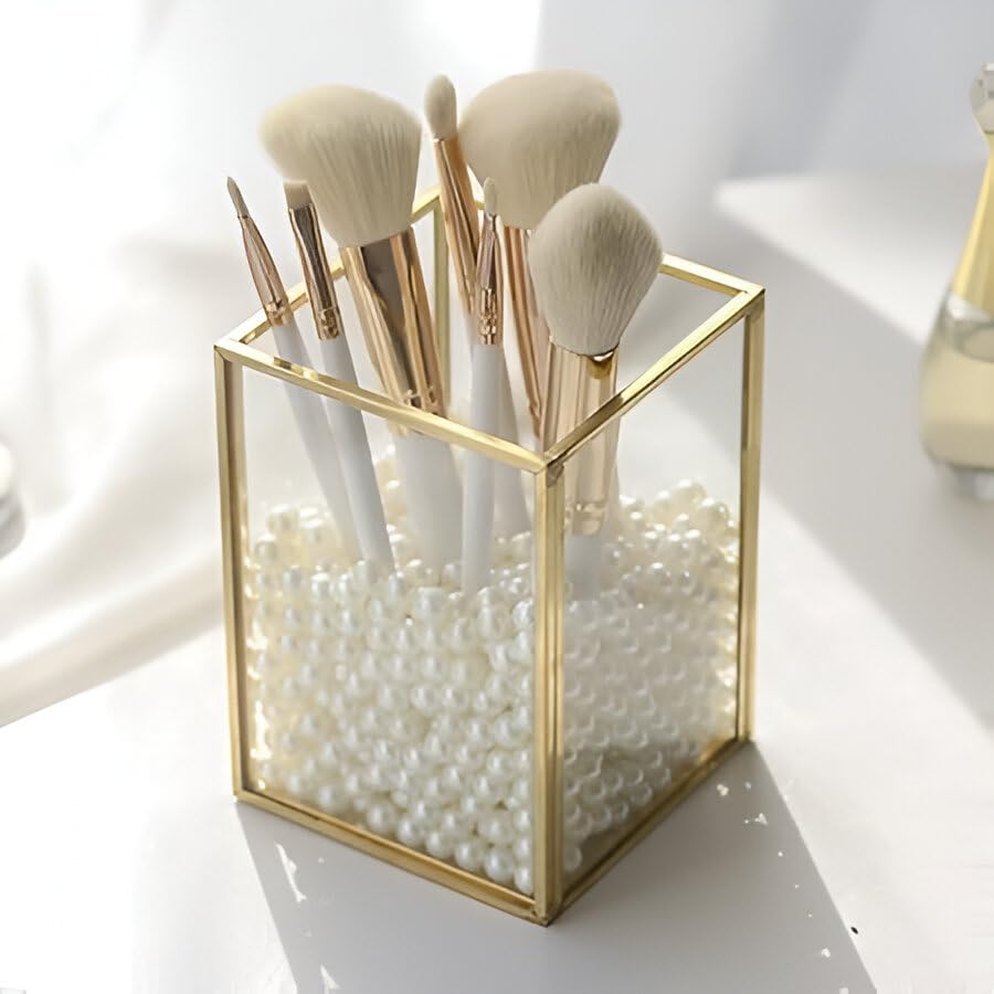 Handy Creations 4 Inch Glass Makeup Brush Holder Gold Frame - Image 2