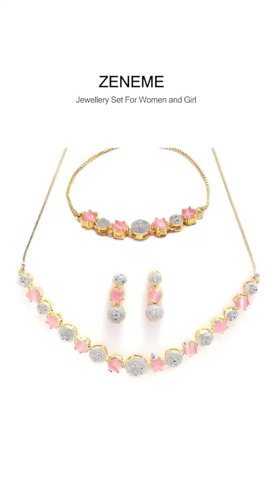 ZENEME Gold Plated Red & White American Diamond Necklace Set - Image 3