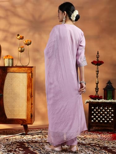 Libas Lavender Embroidered Kurta Set - Silk Blend & Chiffon - Image 4