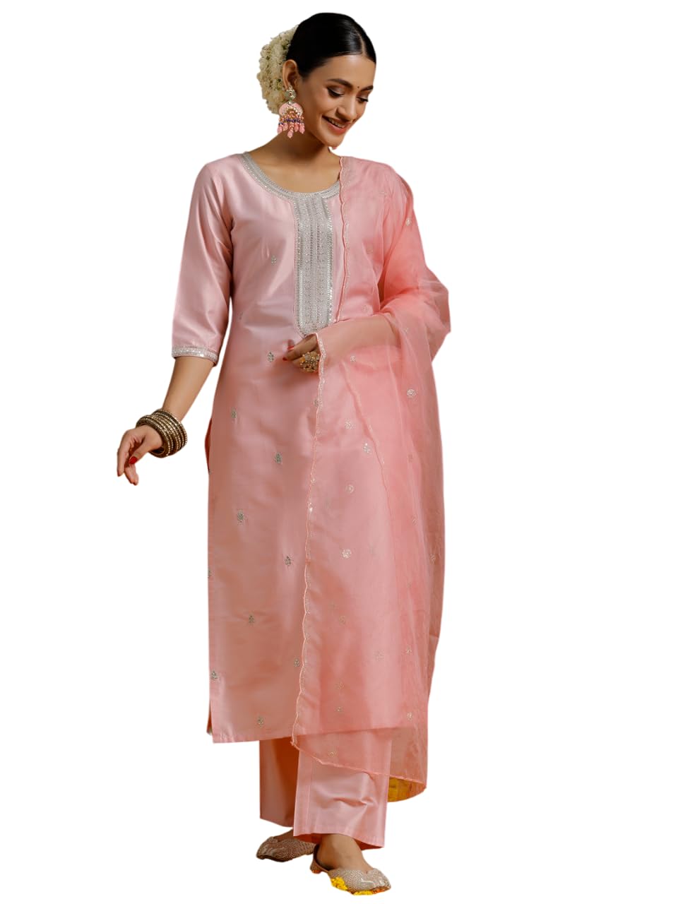 Libas Womens Embroidered Silk Blend Straight Kurta with Trousers and Dupatta - Authentic Libas Clothing | UrbanThreads