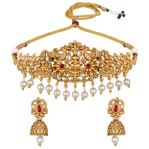 Shining Diva 22k Gold Plated Temple Necklace Set with Pearls - Image 2