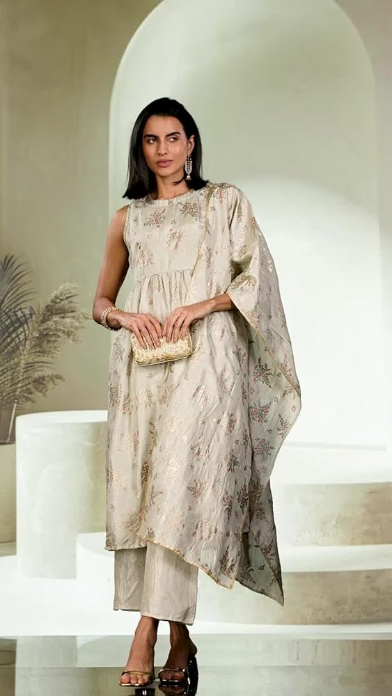 Libas Womens Printed Silk Blend A-Line Kurta With Palazzos and Dupatta - Authentic Libas Clothing | UrbanThreads - Image 3