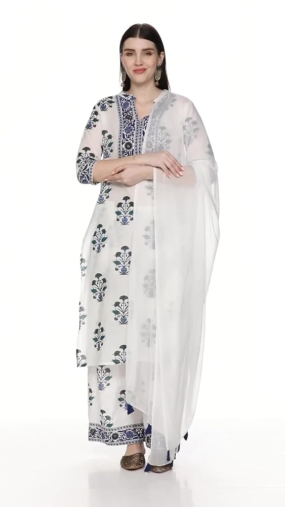 Libas Womens Printed Cotton Straight Kurta With Palazzos and Dupatta - Authentic Libas Clothing | UrbanThreads - Image 3