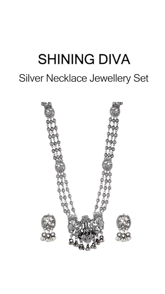 Shining Diva Oxidised Silver Necklace Set for Women - Image 3