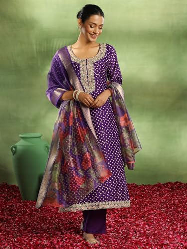 Libas Womens Printed Silk Blend Straight Kurta With Trousers and Dupatta - Authentic Libas Clothing | UrbanThreads - Image 3