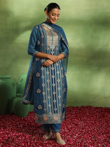 Libas Blue Silk Blend Woven Kurta Set | Festive Indian Suit - Image 3