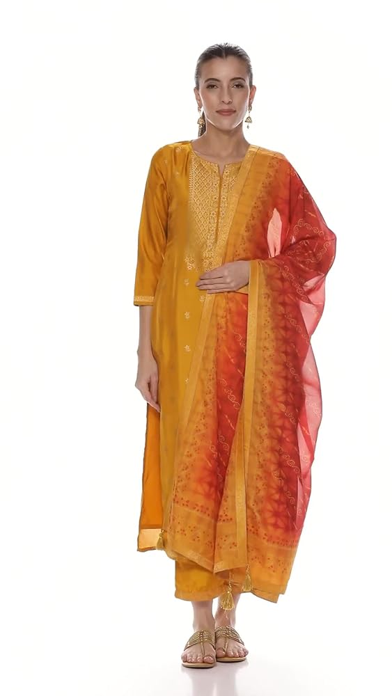 Libas Womens Self Design Silk Blend Straight Kurta With Trousers and Dupatta - Authentic Libas Clothing | UrbanThreads - Image 3