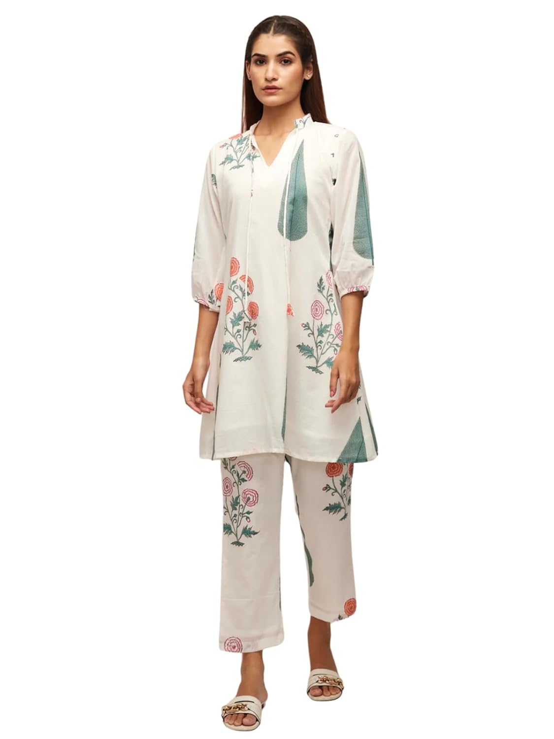 Leriya Fashion Women's Anarkali Floral Printed Rayon Kurta Pant Set | V-Neck Straight Kurti with 3/4 - Authentic Leriya Clothing | UrbanThreads