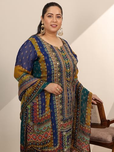 Extra Love By Libas Plus Size Womens Printed Organza Straight Kurta With Trousers and Dupatta - Authentic Extra Clothing | UrbanThreads - Image 3
