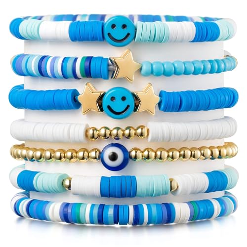 Shining Diva 7Pcs Beach Surfer Bracelets Set Colorful Heishi - Image 2