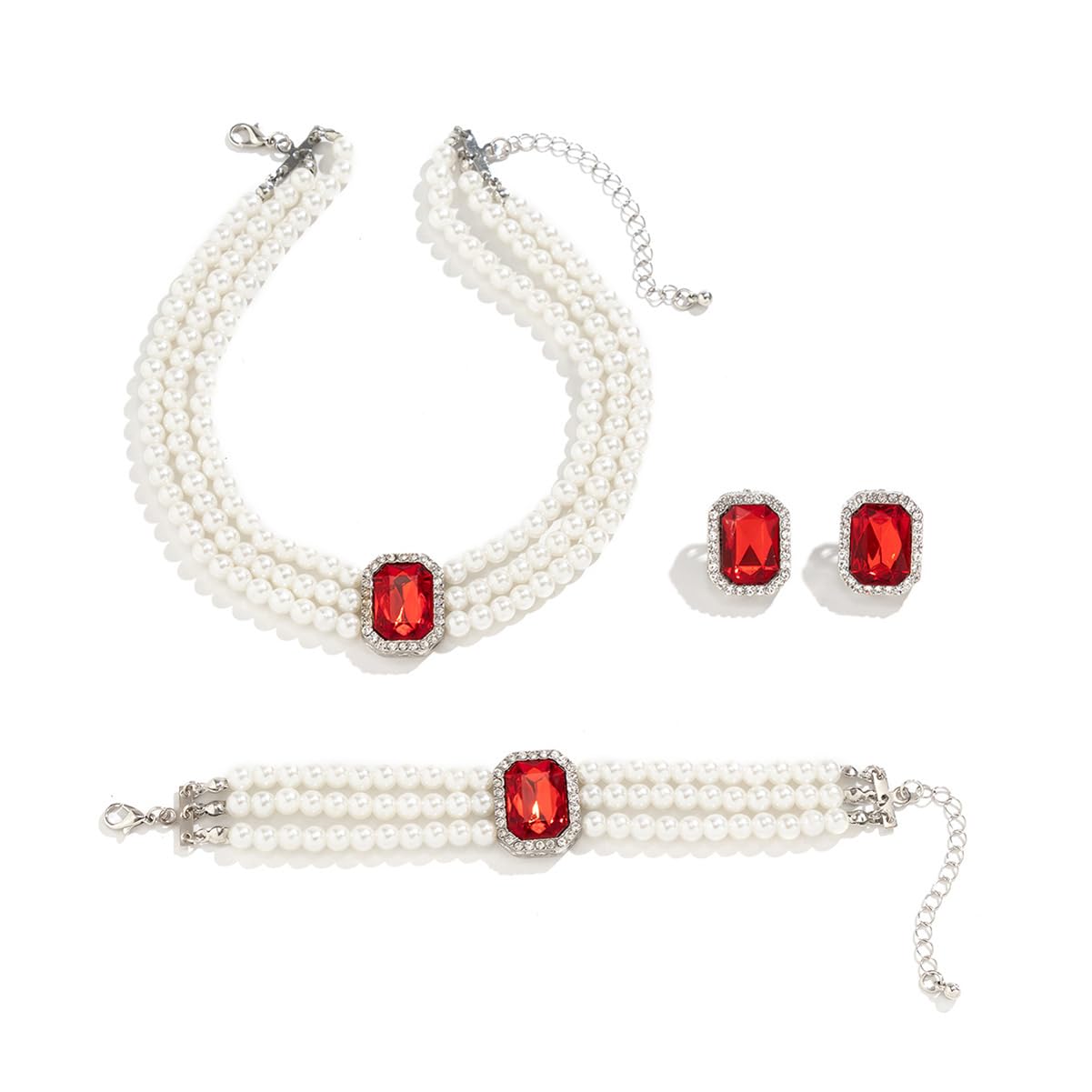 UrbanThreads Crystal Pearl Jewellery Set Necklace Earrings Bracelet