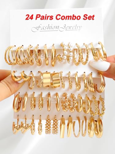 Shining Diva 24 Pairs Gold Plated Geometric Earrings - Image 4