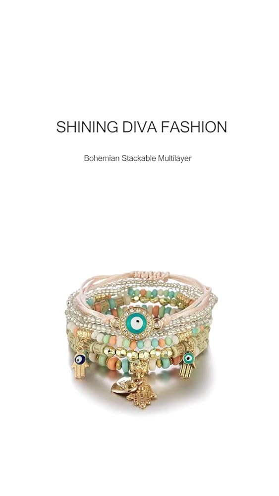 Shining Diva Bohemian Stackable Hamsa Hand Evil Eye Bracelets - Image 3