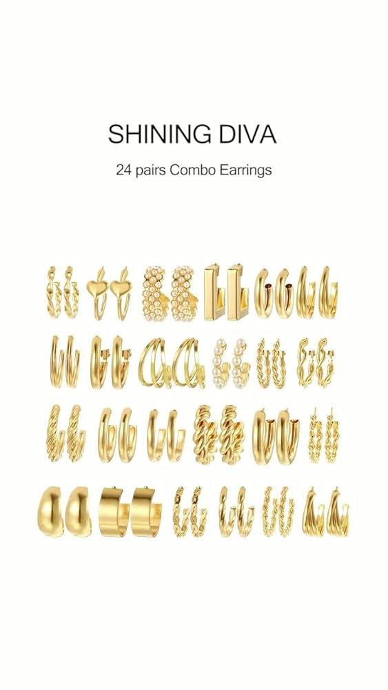 Shining Diva 24 Pairs Gold Plated Geometric Earrings - Image 3