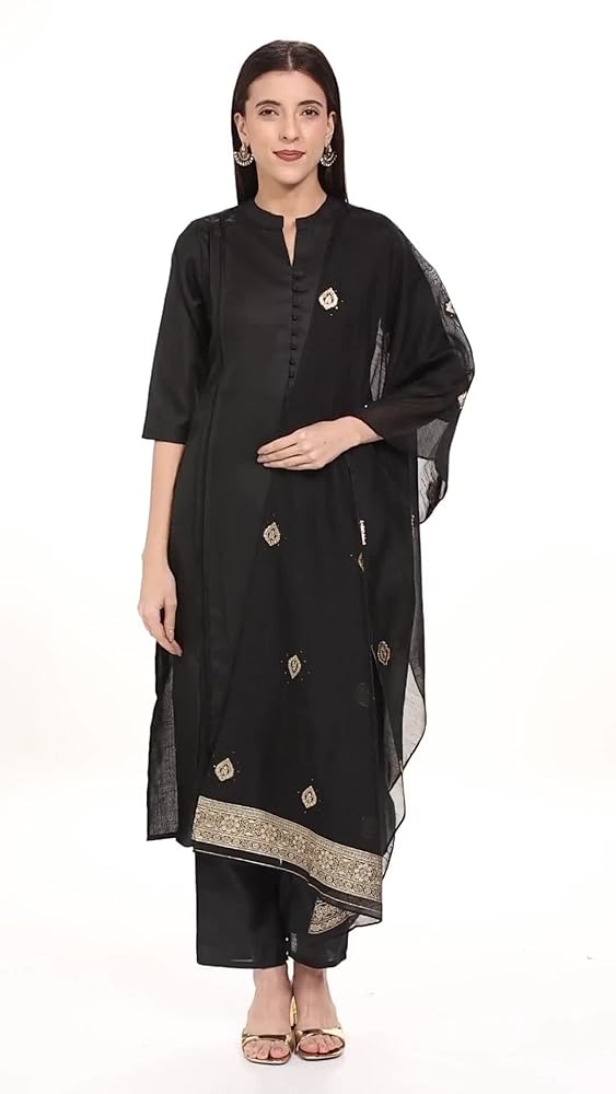 Libas Womens Woven Design Cotton Blend Straight Kurta With Trousers and Dupatta - Authentic Libas Clothing | UrbanThreads - Image 3