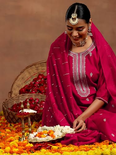 Libas Gerua Womens Embroidered Silk Blend Straight Kurta With Salwar and Dupatta - Authentic Libas Clothing | UrbanThreads - Image 3