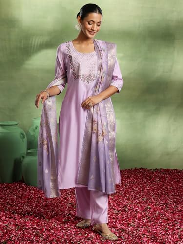 Libas Gerua Womens Yoke Design Silk Blend Straight Kurta With Trousers and Dupatta - Authentic Libas Clothing | UrbanThreads - Image 3